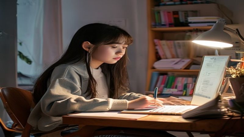 大三学生妹小雨在宿舍整洁书桌前用笔记本电脑学习，桌上摆放着手账本和学习工具，温暖台灯光线营造专注氛围