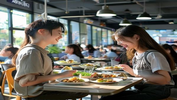 学生妹在明亮干净的大学食堂端着餐盘选择丰盛菜肴，食堂环境整洁现代，学生们用餐氛围轻松愉快