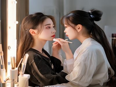 学生妹在明亮梳妆台前使用平价美妆产品化妆，妆容自然清透，展现校园日常妆感