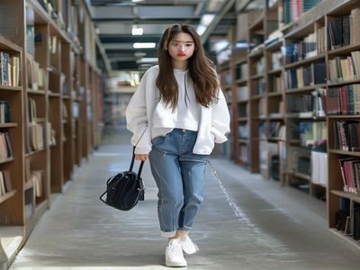 学生妹身穿宽松卫衣搭配运动裤和白色帆布鞋在图书馆门口拍照，休闲学院风气息浓厚